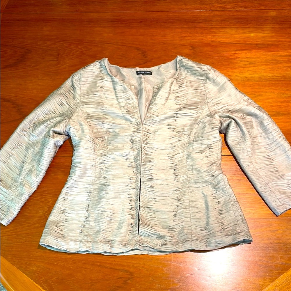 Eileen Fisher 100% silk Ripple Bindu taupe jacket top